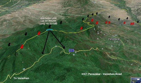 Բերդ-Իջևան ավտոճանապարհ, հայկական ու ադրբեջանական դիրքեր, աղբյուր՝ Google Maps, մշակումը՝ Razm.info-ի