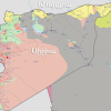 Կառավարական զորքերի ու զինված խմբավորումների վերահսկած տարածքները Սիրիայում: Վարդագույն՝ կառավարական զորքեր, մուգ մոխրագույն՝ ԻԼԻՊ, դեղին՝ քրդեր, կանաչ՝ այլ զինված խմբավորումներ