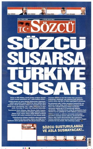 Թուրքական «Սյոզջու» պարբերականի տիտղոսաթերթը. գրված է. «Եթե «Սյոզջուն» լռի, Թուրքիան կլռի»:
