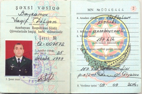 Ադրբեջանցի զինծառայող, կապիտան Վագիֆ Դիլգամ օղլու Բայրամովի փաստաթղթերի լուսապատճենները