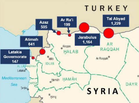 Զինյալների մեծ մասը Թուրքիայից Սիրիա անցել են նշված 6 սահմանային անցակետերով. քարտեզը՝ ԱՄՆ Ռազմական ակադեմիային կից ԱՊԿ-ի