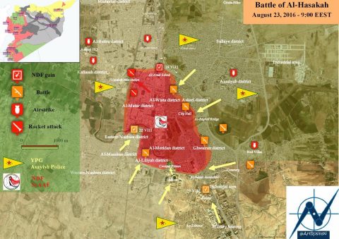 Իրադրությունը Հասեքեում օգոստոսի 23-ի դրությամբ: Դեղինով նշված են քրդական ուժերի  հարձակման ուղղությունները, իսկ կարմիրով պատկերված են Սիրիայի կառավարական ուժերը: