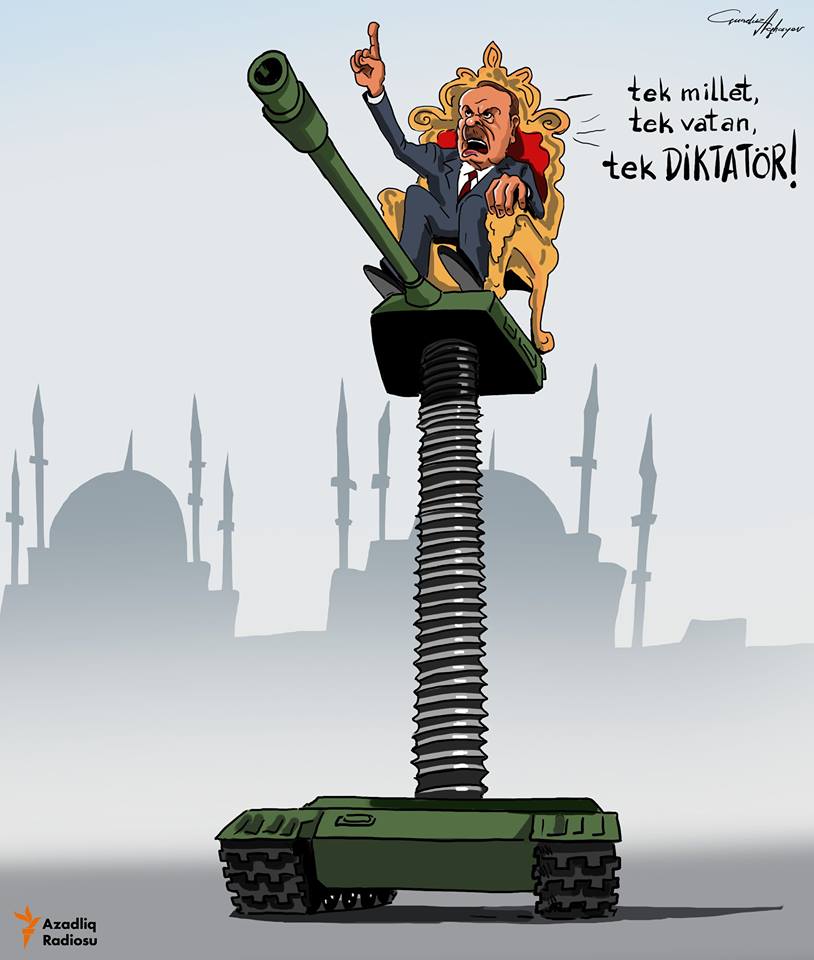«Մեկ ազգ, մեկ պետություն, մեկ դիկտատոր». ծաղրանկարում պատկերված է Թուրքիայի նախագահ Ռ.Թ. Էչդողանը. Աղբյուրը՝ Azadliq Radiosu