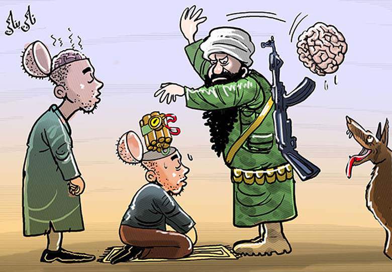 ԻՊ «ուղեղներ լվանալու» քաղաքականություն. ծաղրանկար. աղբյուր՝ http://heavy.com/news/2015/05/iran-isis-isil-islamic-state-daesh-cartoon-caricature-contest-entries-photos/6/