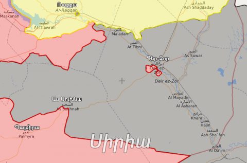 Կարմիրով նշված են Սիրիայի կառավարական ուժերի վերահսկողության տակ գտնվող տարածնքները, դեղինով՝ քրդական ուժերի, մոխրագույնով՝ ԻՊ. 7/27/2017