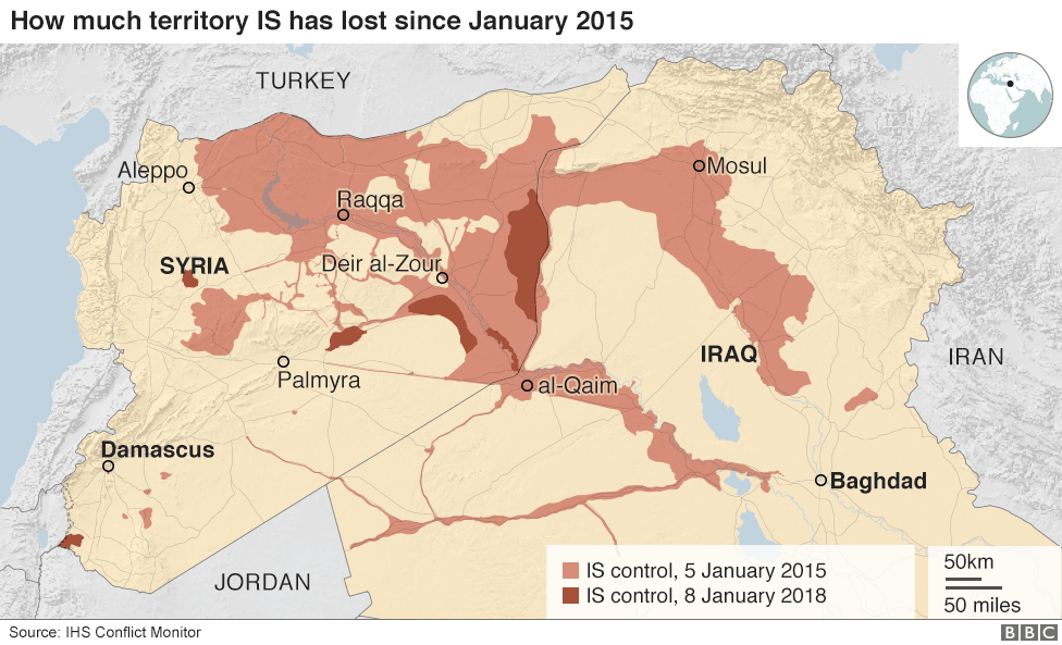 ԻՊ-ի տարածքը Սիրիայում և Իրաքում 2015 և 2017 թթ.. Աղբյուրը՝ BBC