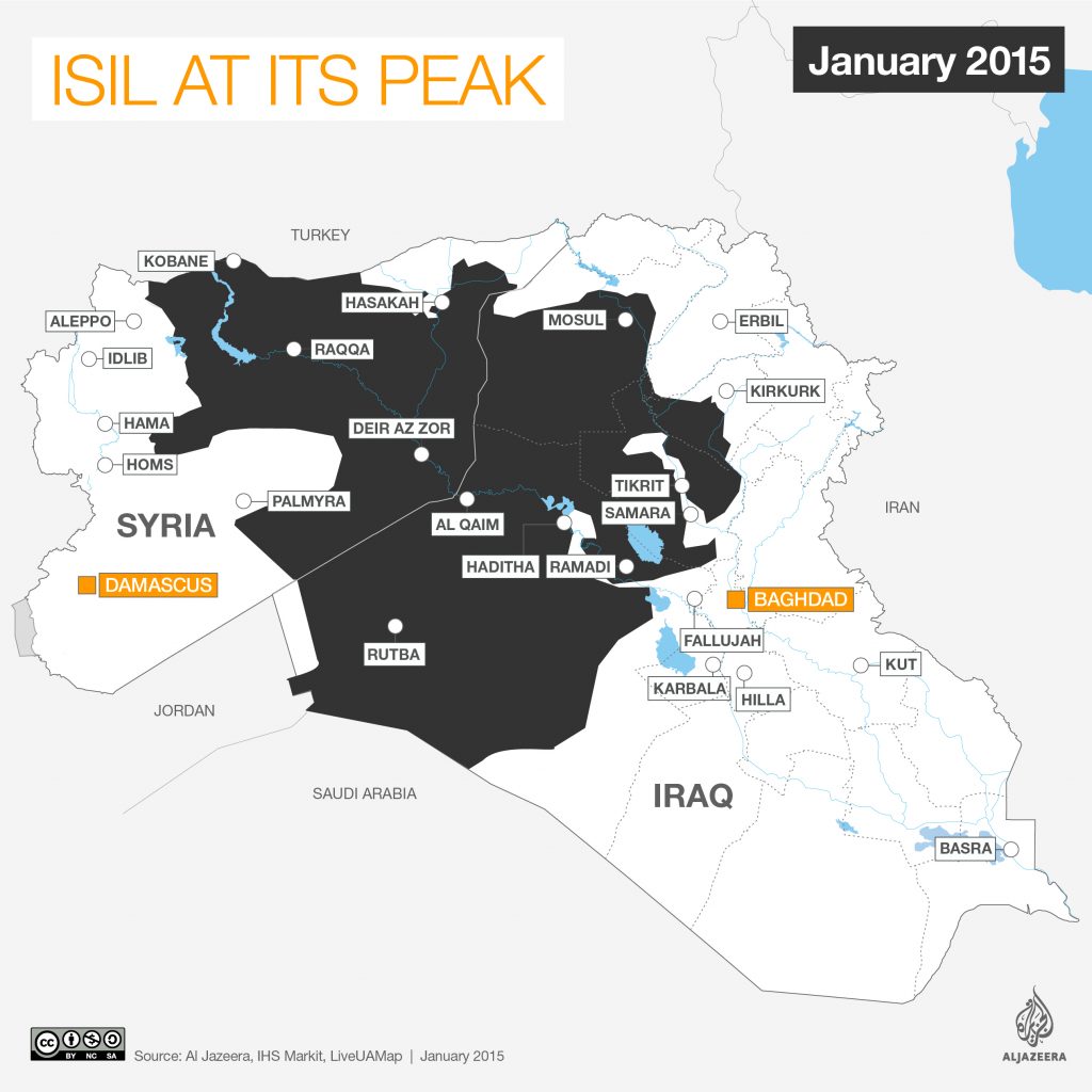 «Իսլամական պետության» գործողությունների գագաթնակետը, 2015թ․։ Քարտեզը՝ Al Jazeera–ի